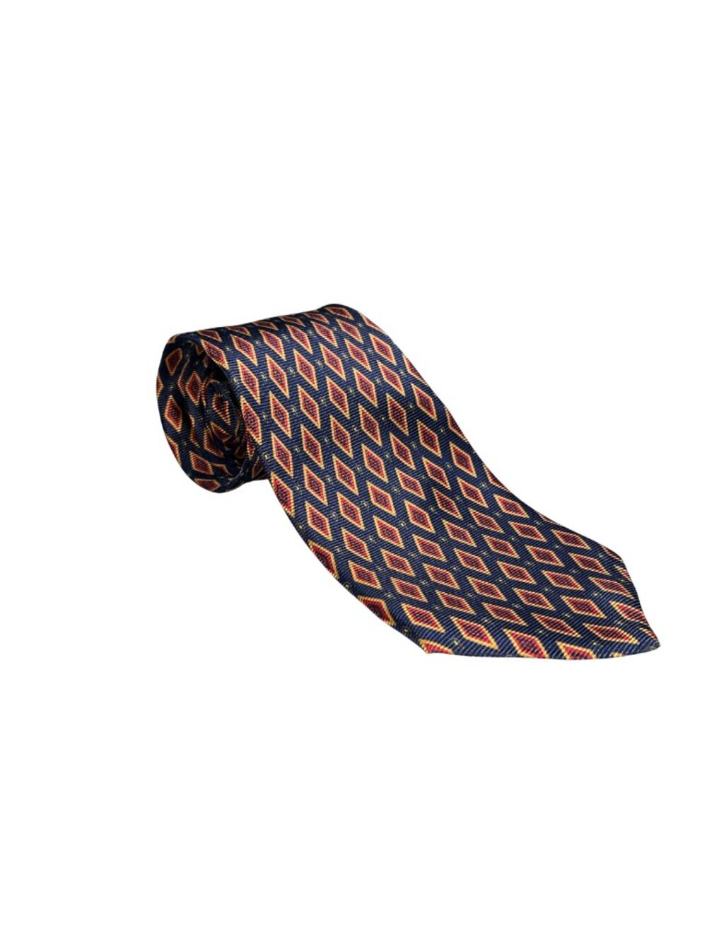 Tom James 100% Silk Geometric Diamond Print Tie Navy Burgundy Gold Hand Finished